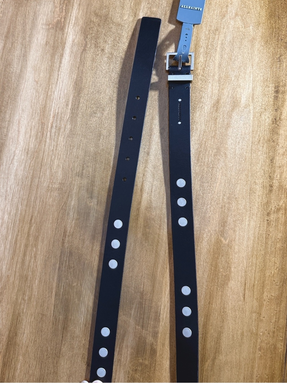 AllSaints Black Leather Studded Belt with Silver Buckle - Picture 6 of 6